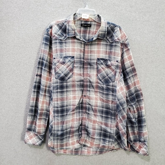 INC International Concepts Men Button Up Shirt XL Blue Plaid  Western Pearl Snap - Picture 1 of 9